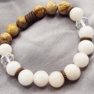 NATURAL MORGANITE -BROWN TAN JASPER & BRONZE BEADS STRETCH BRACELET 38